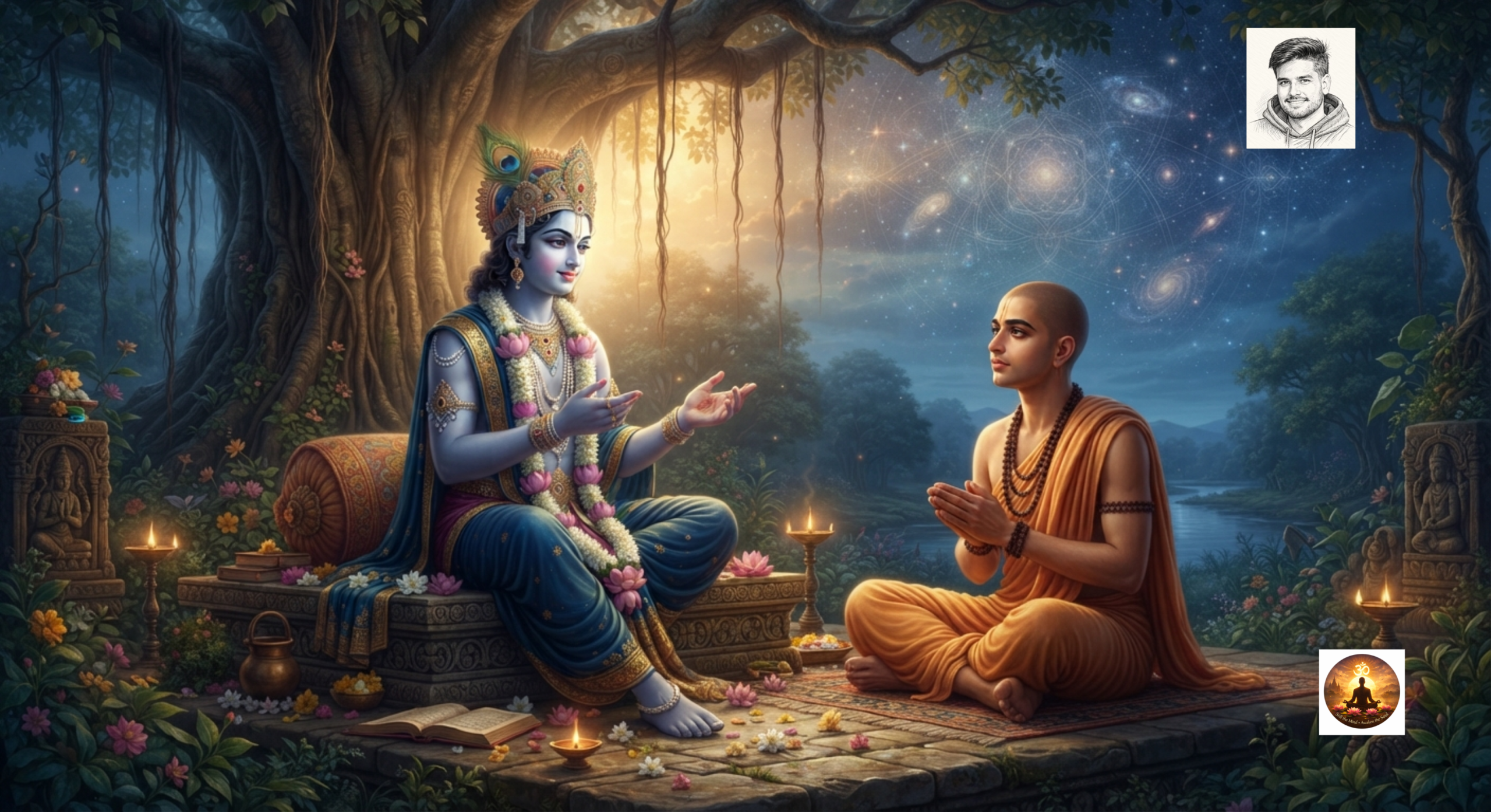 श्रीकृष्ण अर्जुन उद्धव और सुदामा के आध्यात्मिक मार्ग का प्रतीकात्मक दृश्य
