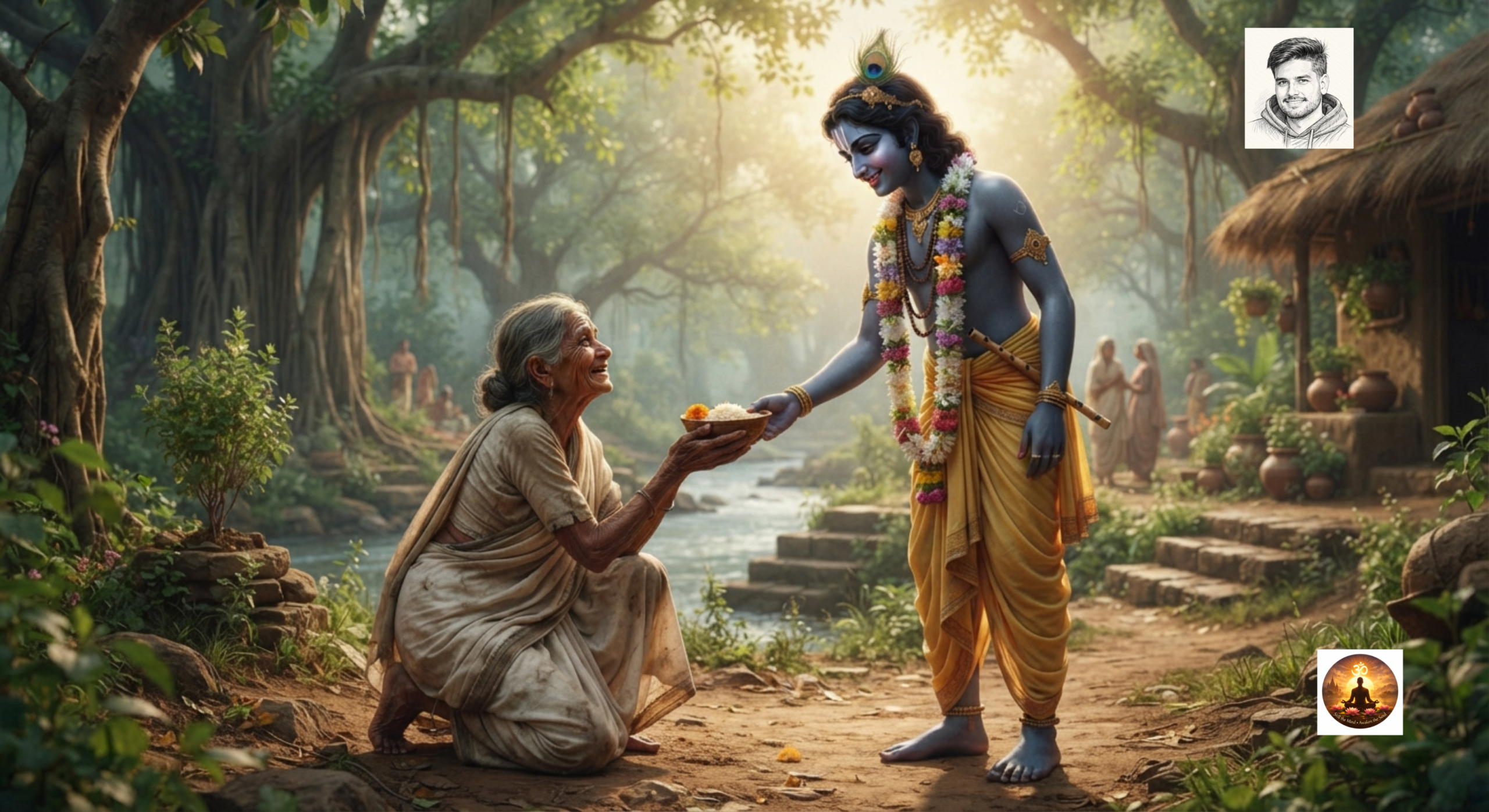 श्रीकृष्ण के साथ अर्जुन उद्धव और सुदामा का प्रतीकात्मक आध्यात्मिक दृश्य